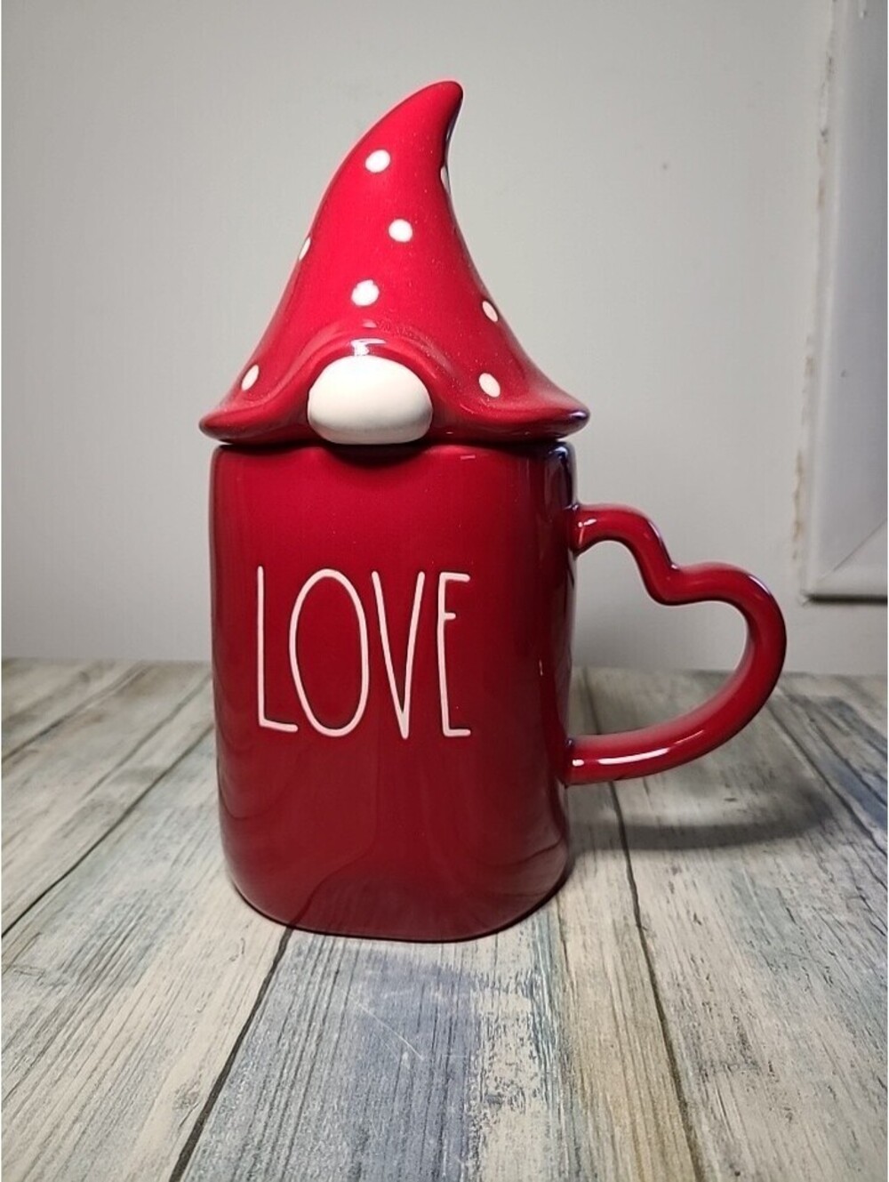 Rae Dunn Love Mug Red Polka Dot Gnome Hat. Valentine's Day